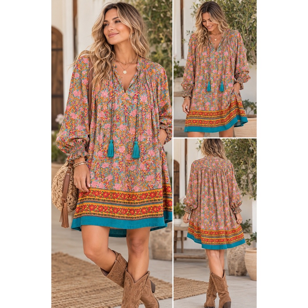 Natural Life Floral Block Print Peasant Tunic Dress Boho Mini Tassel Smocked S